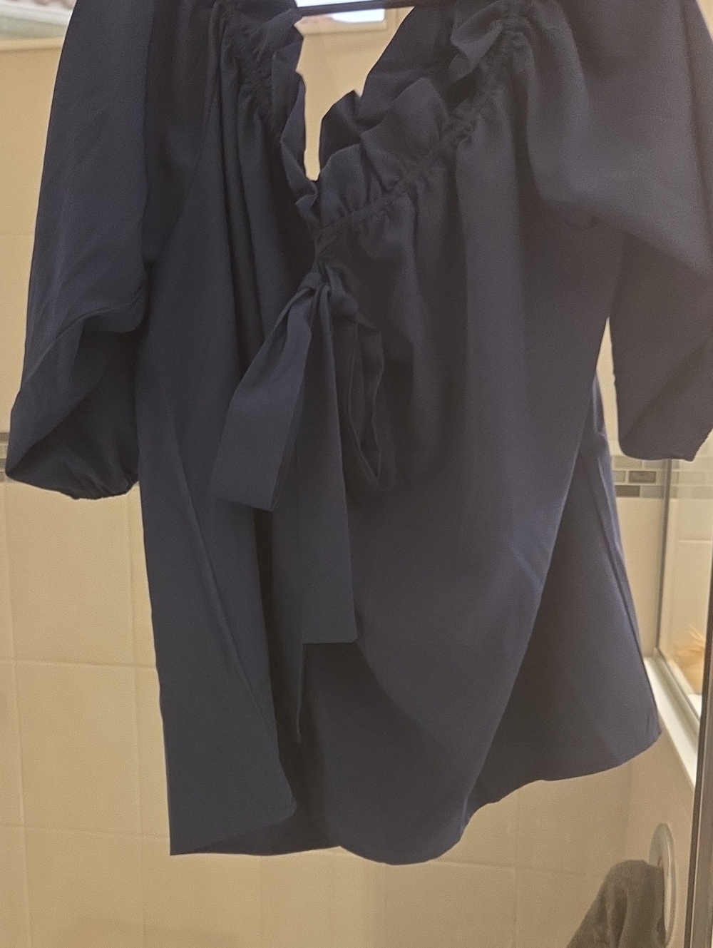 Tie-Front Ruffle V-Neck Blouse in Navy
